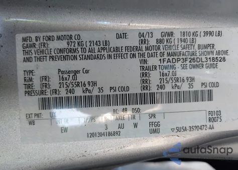 2013 Ford Focus Se из США, поврежденный, VIN 1FADP3F26DL318528